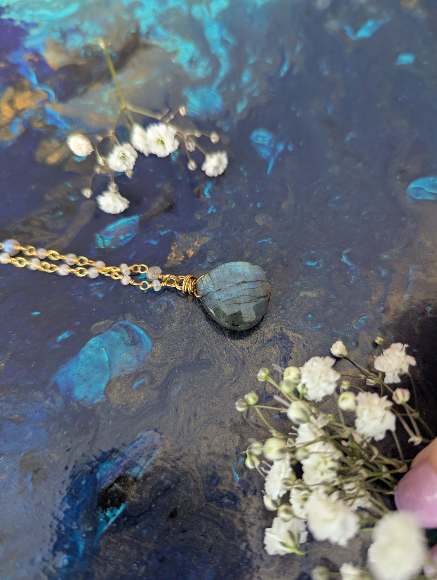 Handcrafted Labradorite Rosary Chain Necklace with Faceted Pendant