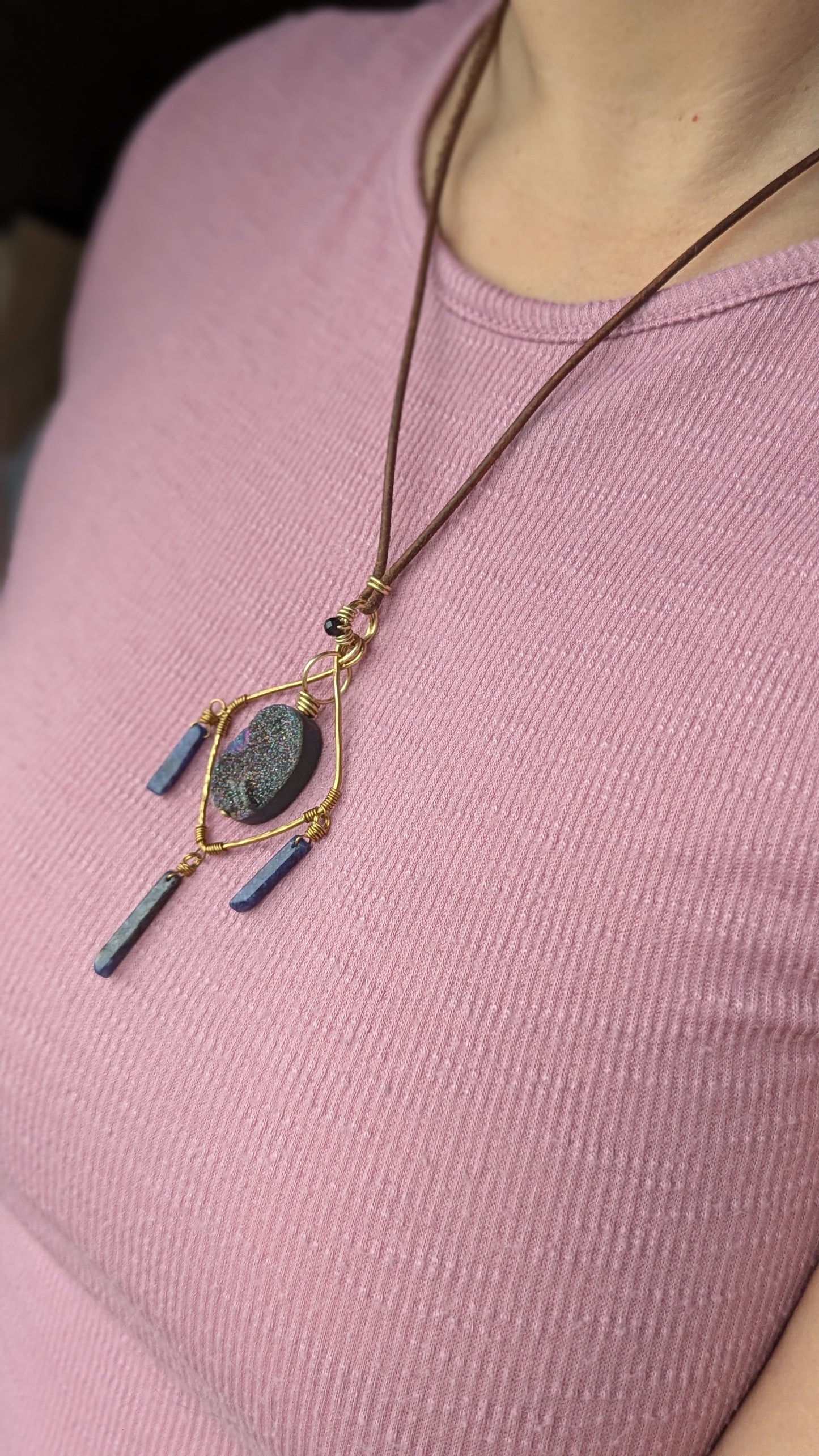 Handcrafted Druzy, Sodalite, and Black Spinel Pendant Necklace on Leather Cord